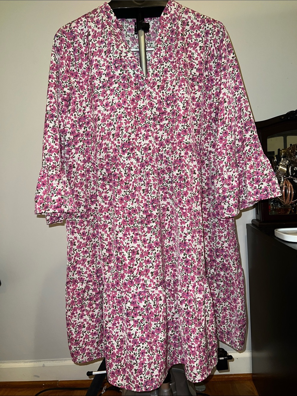 Women's Pink Floral Tiered Mini Dress with Notch Neck